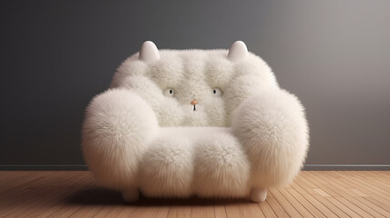 sofa, soft chair in the shape of a cat, abstract piece of unusual home furniture modern interior design, fictional object