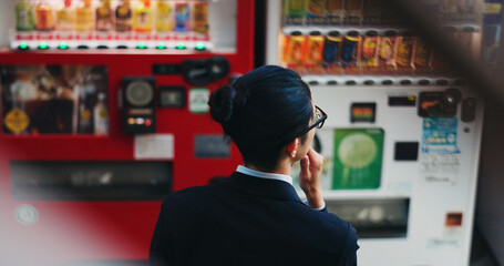 Vending machine, business man and thinking, decision or choice of automatic service on digital tech...