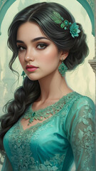 high quality, 8K Ultra HD, Omar Rayyan style illustration of a very beautiful twenty year old woman, similar to Ana Brenda Contreras, dressed in a beautiful turquoise green lace dress, green mist,