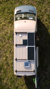 Aerial View of the Roof of a Camper Van With Solar Panels