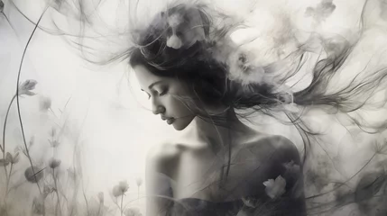 Poster Monochromatic image of beautiful woman with flowing hair standing in a garden of wild flowers © AJay