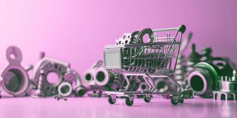 Shopping cart with cog wheels and auto parts on pink background. Banner.