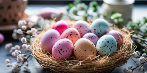 Colorful Easter eggs in a nest on a rustic wooden background