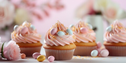 Delicious cupcakes with butter cream and chocolate eggs on table, closeup - obrazy, fototapety, plakaty