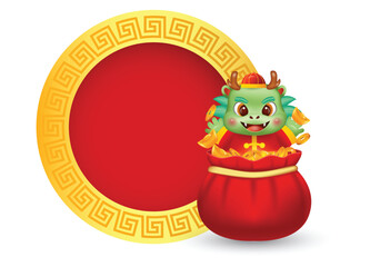 Happy Chinese New Year 2024, Cute dragon in a money bag