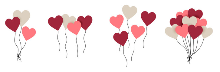 Ensemble de ballons en forme de cœurs, roses et beige pour célébrer un événement comme la Saint Valentin - Différents bouquets de ballons festifs aux couleurs douces - Illustrations vectorielles  - obrazy, fototapety, plakaty