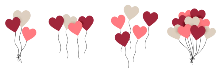 Fotobehang Ensemble de ballons en forme de cœurs, roses et beige pour célébrer un événement comme la Saint Valentin - Différents bouquets de ballons festifs aux couleurs douces - Illustrations vectorielles  © Manon