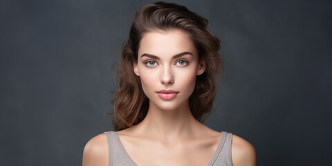 Fototapeta na wymiar Portrait of beautiful young woman with makeup on grey background. Studio shot.