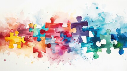 Interlocking puzzle pieces with a watercolor texture, symbolizing connection and diversity in a colorful, abstract design. - obrazy, fototapety, plakaty