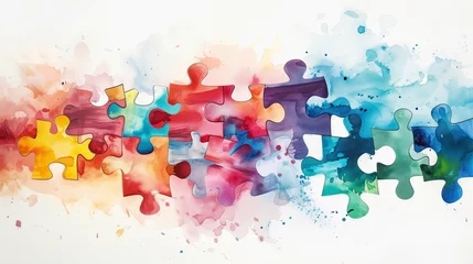 Fotobehang Interlocking puzzle pieces with a watercolor texture, symbolizing connection and diversity in a colorful, abstract design. © TensorSpark