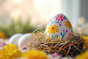 Easter eggs in a nest with flowers on a light background.