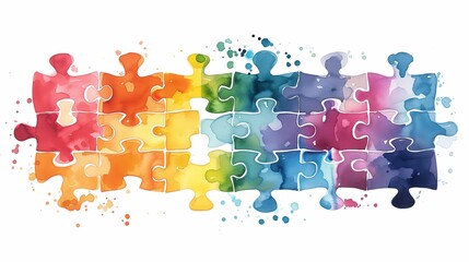 Interlocking puzzle pieces with a watercolor texture, symbolizing connection and diversity in a colorful, abstract design.