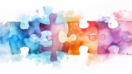 Interlocking puzzle pieces with a watercolor texture, symbolizing connection and diversity in a colorful, abstract design. - obrazy, fototapety, plakaty