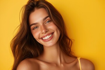 Naklejka premium Beautiful smiling happy woman shot, positive yellow studio background