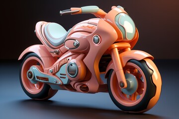 Futuristic orange toy motorbike on dark background. Concept of kids friendly toys, transport-themed playthings, playful modern designs, and bright colors