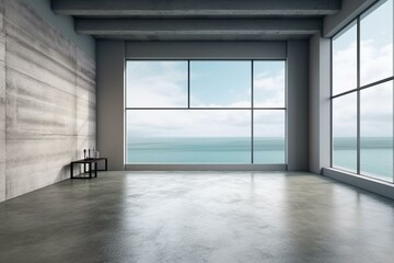 Minimalist room featuring diagonal ocean view, rough industrial floor - versatile interior template. Generative AI