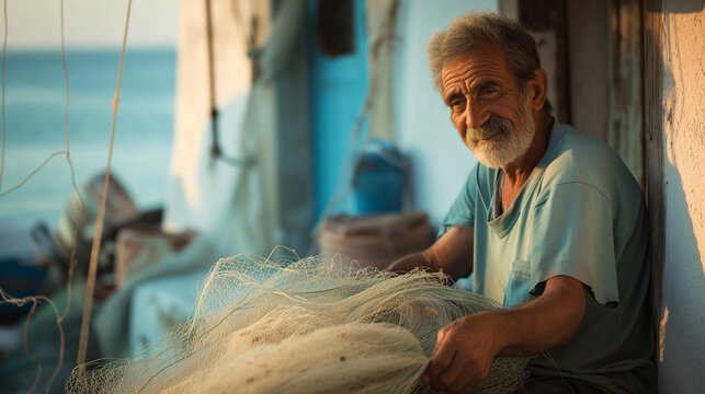Happy old fisherman mending nets