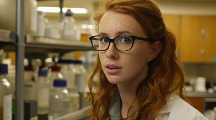 A young student or employee in a lab filled with bottles and flasks of chemicals.