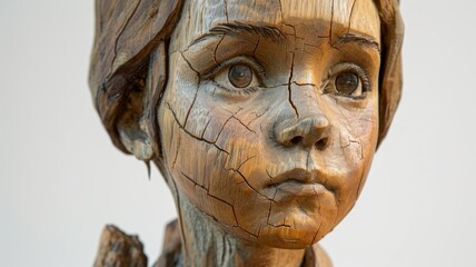 Portrait of a young girl carved from wood. Wooden sculpture of a person with many age cracks in the wood