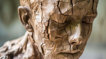 Portrait of a man carved from wood. Wooden sculpture of a person with many age cracks in the wood