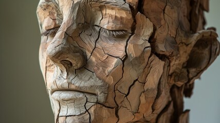 Portrait of a man carved from wood. Wooden sculpture of a person with many age cracks in the wood