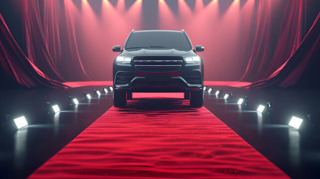 3D render image representing an luxury SUV at the end of a red carpet, Red carpet rolling out in front of glamorous movie premiere background, Generative Ai