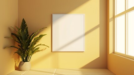Modern Interior with Blank White Mockup Frame, Green Potted Plant, and Sunlight Casting Shadows on Yellow Wall