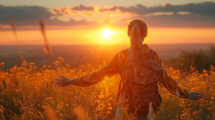 Girl traveler in the field at sunset