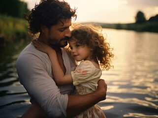 Little beauty daughter and dad, fishing, on the river bank, cinematic light, textured details, sharp edges