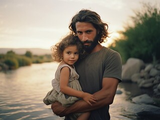 Fototapeta na wymiar Little beauty daughter and dad, fishing, on the river bank, cinematic light, textured details, sharp edges