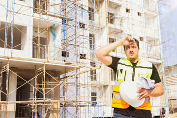 Foreman working outdoors condominium construction project exhausted from the hot weather and thirsty tired dizzy headache is dehydrated and wants to drink water suffer dehydration heatstroke.