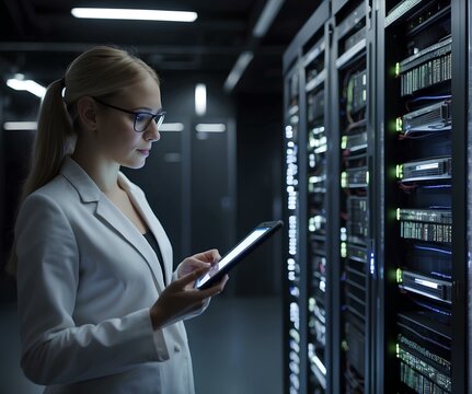 Female IT Specialist Uses Tablet in Data Center - Powered by Adobe