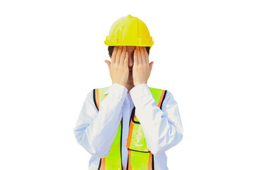 Female workers covering their faces with their hands have health problems eye irritation problems from dust and and excessive air pollution at construction sites on white background.