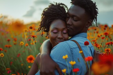beautiful romance of lovers on valentines day in nature outdoors embracing with affection pragma . african american black people . - obrazy, fototapety, plakaty