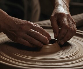 Creating detailed pottery with skilled hands on a spinning wheel.