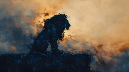 A silhouette portrait of a lion with a magnificent mane against the backdrop of a twilight sky in a Roman-style canvas painting