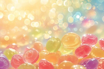 Multi-colored circles of luscious marmalade, glistening in the sun and surrounded by a sugar shimmer, creating a delectable scene on a pastel background