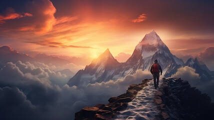 figure of a man on the way to a mountain peak at dawn, against the background of an incredible rocky landscape in dawn colors, the concept of the path to success, achievement in business - obrazy, fototapety, plakaty