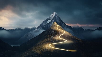 glowing path to the top of the mountain, business success strategy, development and growth concept - 716489567