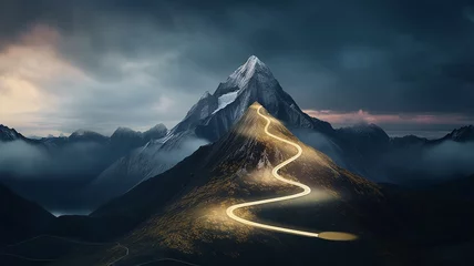 Fotobehang glowing path to the top of the mountain, business success strategy, development and growth concept © kichigin19