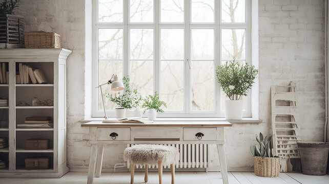 White Light Interior Of A Living Room, A Desk In Front Of A Large Panoramic Window In Design Style