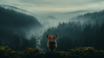 a small gray mouse in the wild against the background of the forest - obrazy, fototapety, plakaty