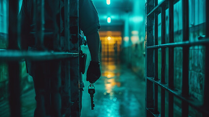 police jailer holding keys in prison corridor