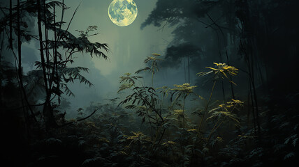 Obraz na płótnie Canvas a night dream in a misty fabulous green forest art landscape