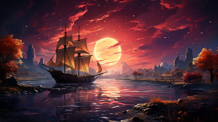 sailboat in a fantastic colorful dream night landscape - obrazy, fototapety, plakaty