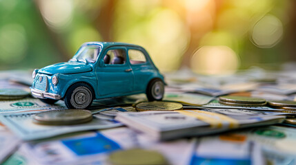 Small blue car driving up on the stack of money, financial status for buying a new car, car leasing, down payment and installments in the long term, car insurance concept