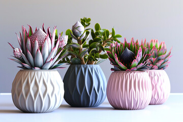  Pots and vases with protea flowers.