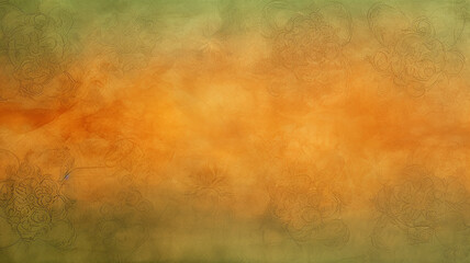 green orange gradient, delicate background with vintage floral wallpaper ornament on the wall copy space blank