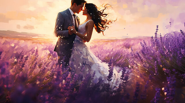 Naklejki a couple in love at sunset in a lavender field, watercolor illustration of a man and a woman, abstract background spring feelings art