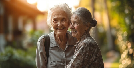Two old women hugging each other in the hospital courtyard